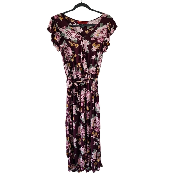 Hot Kiss Jumpsuit Junior Womens Medium Burgundy Pink Floral Cropped Belted Flowy - Picture 1 of 5